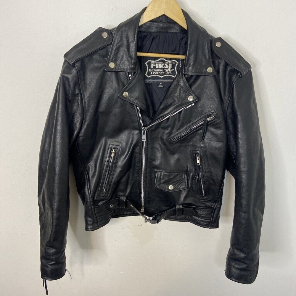 Vintage Biker Jacket Men M Heavy Leather Moto BlackMotorcycle Eagle On Rear